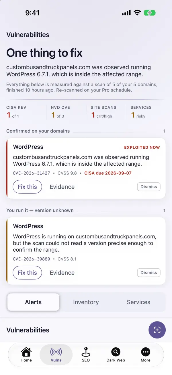 The Vulns tab in the DomainGuard app, listing advisories for software found on a site