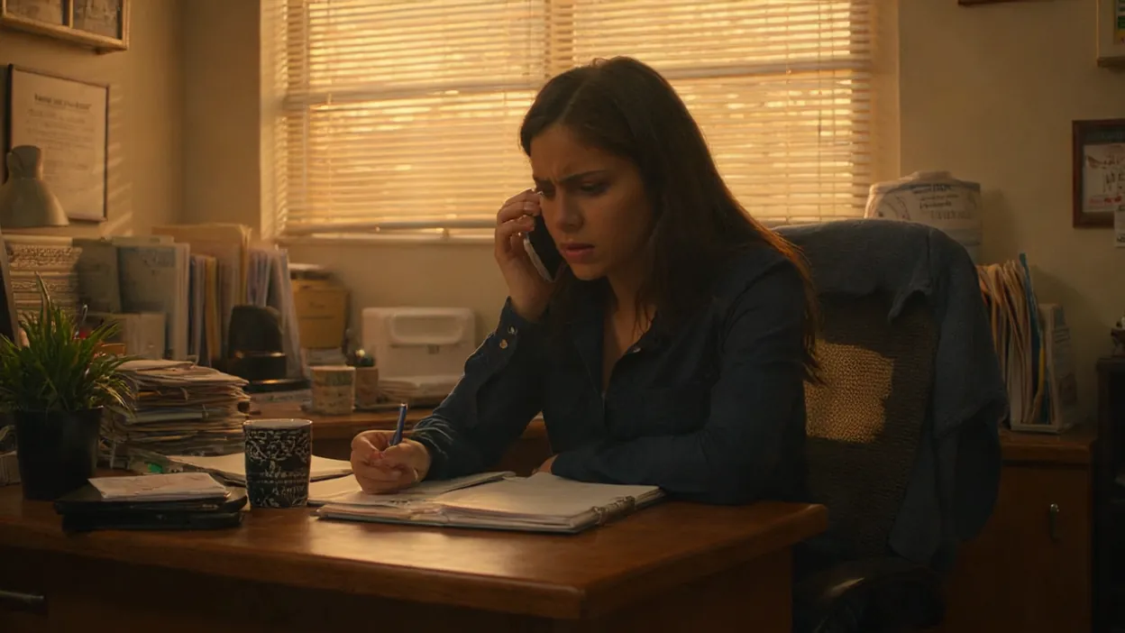 An accounts-payable clerk listens uneasily to a phone message at her desk, pen in hand.