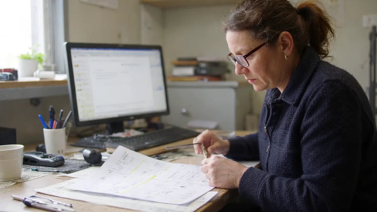 An office manager compares a printed spreadsheet line by line at her desk in front of a computer.