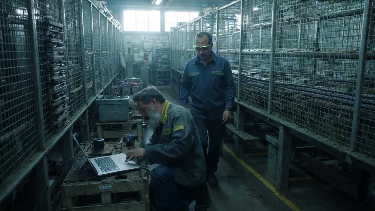 A technician works on a laptop beside equipment in a caged storage area of a plant while a manager stands by.