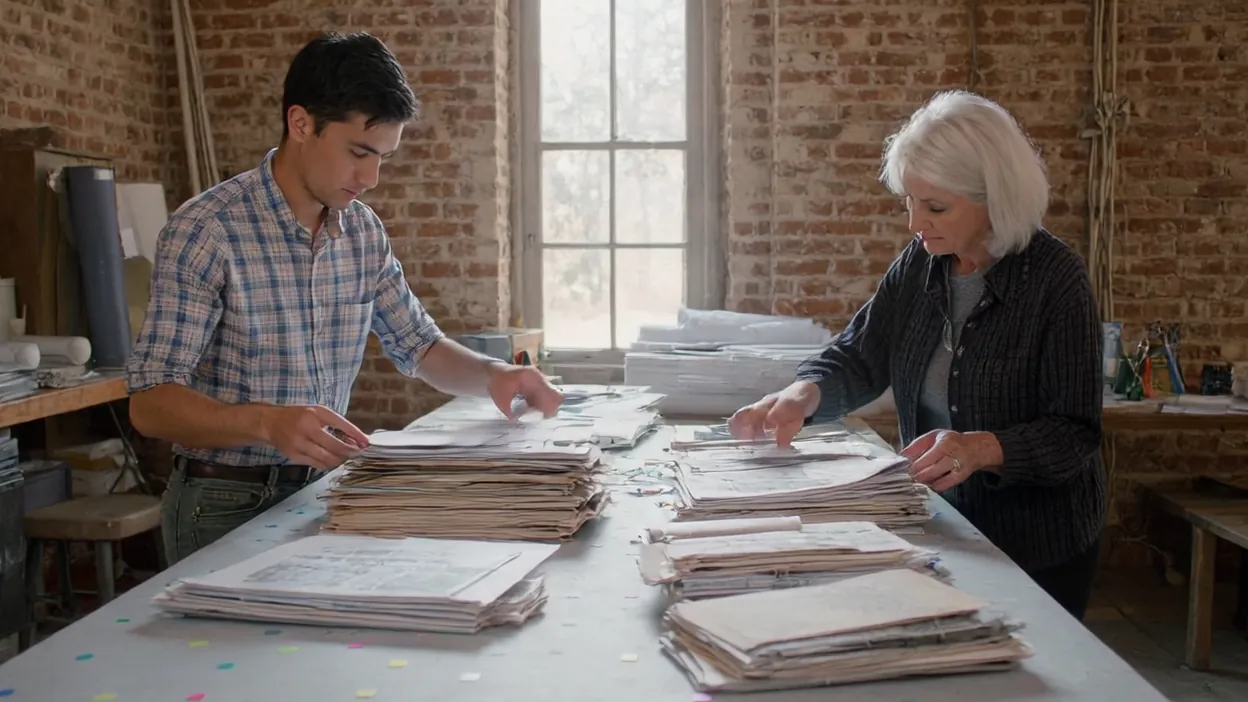 Two coworkers sort stacks of old paper files into piles on a long table in a brick office.