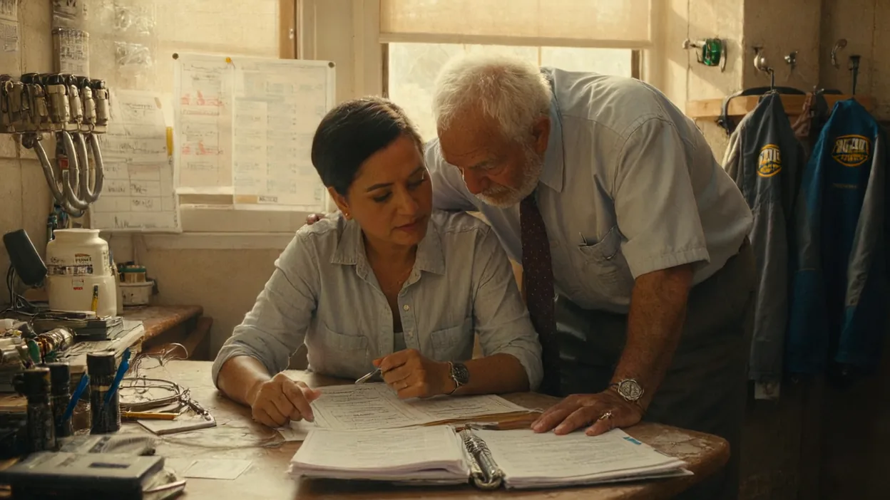 A business owner fills out a questionnaire from a binder as an older advisor leans over her shoulder in a workshop office.