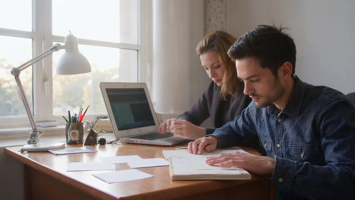 An IT consultant and an office manager go through notes and a laptop together at a desk by a window.