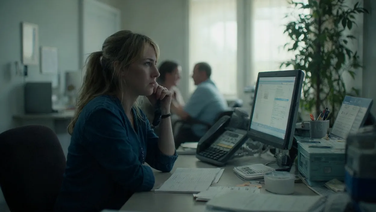 A dental office receptionist waits on hold with her chin in her hand, a desk phone beside her.