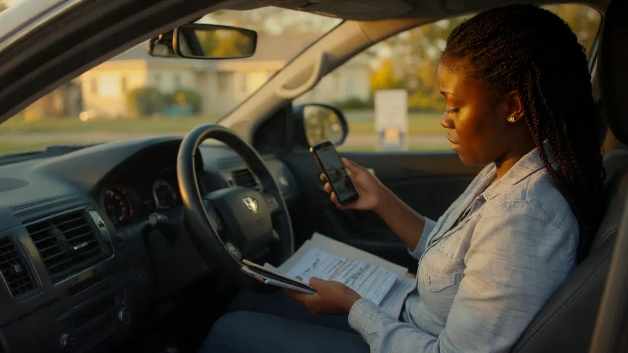 A real estate agent in her parked car looks at her phone with a folder of papers in her lap.