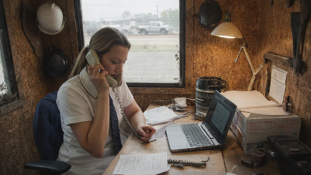A bookkeeper on a desk phone with an invoice in front of her in a job-site trailer, pickup trucks parked outside.