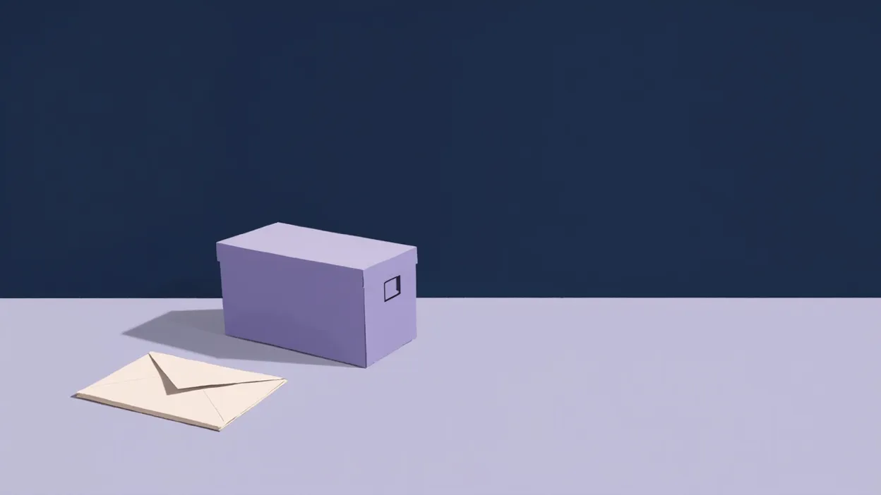 An illustration of a lavender file box with a lid on a pale table, a cream envelope lying beside it against a dark navy wall.